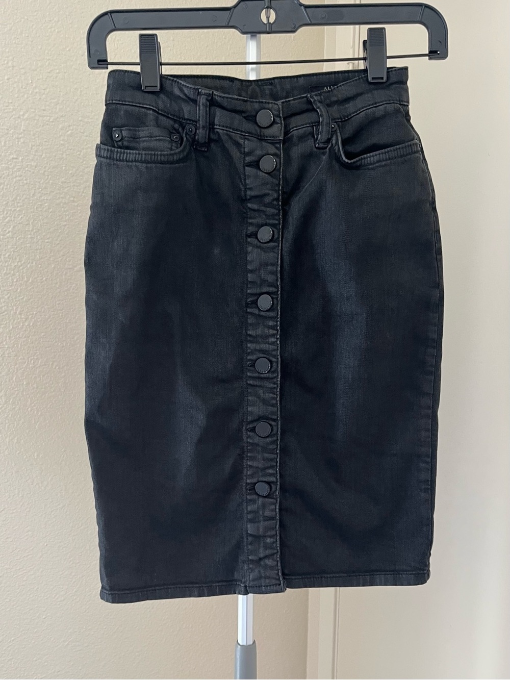 AllSaints Jolie Button Front Denim Mini Skirt Waxed Size 0